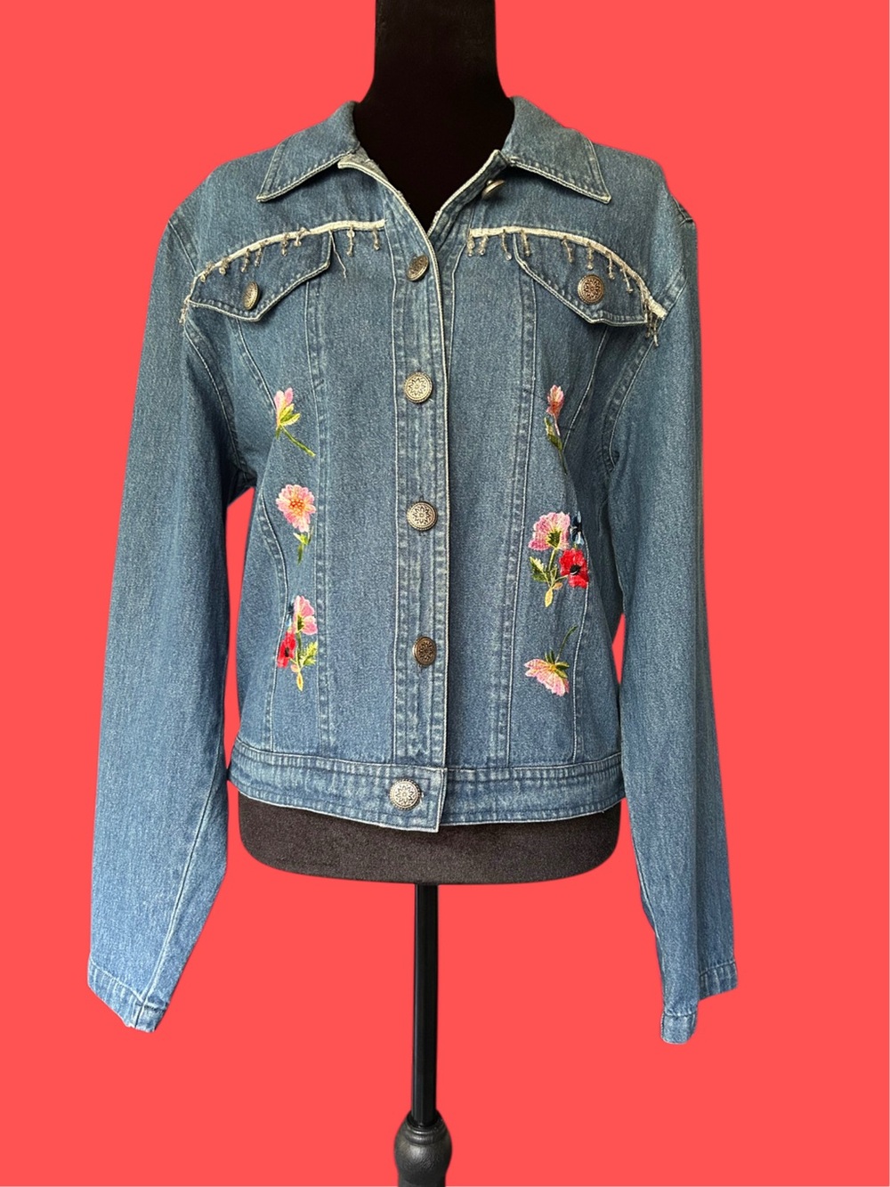 Vintage New Identity Denim Jacket with Floral Embroidery, L